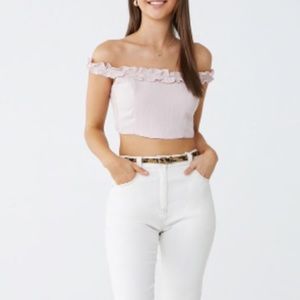 Pink Off-the-Shoulder Ruffle-Trim Crop Top